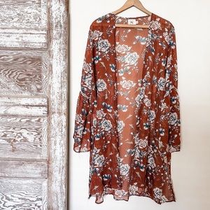 🌿Grace & Emma Size XL Women's Rust Floral Long Cardigan Kimono Bell Sleeve Boho